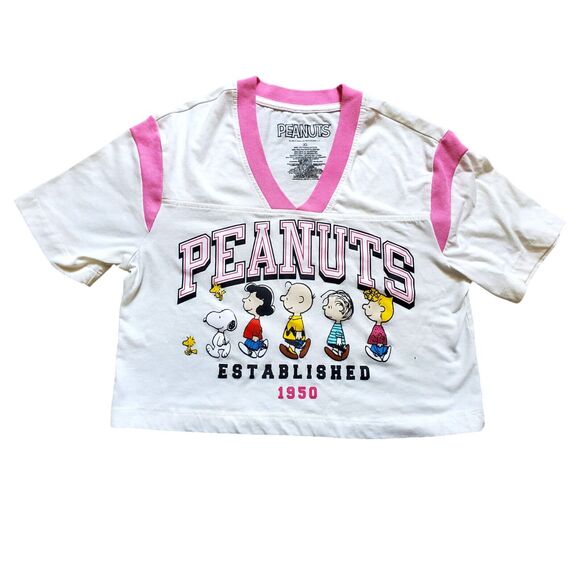 Peanuts Shirt Woman XS Snoopy Short Sleeve White Pink Crop Top V Neck Cartoon - Picture 1 of 6